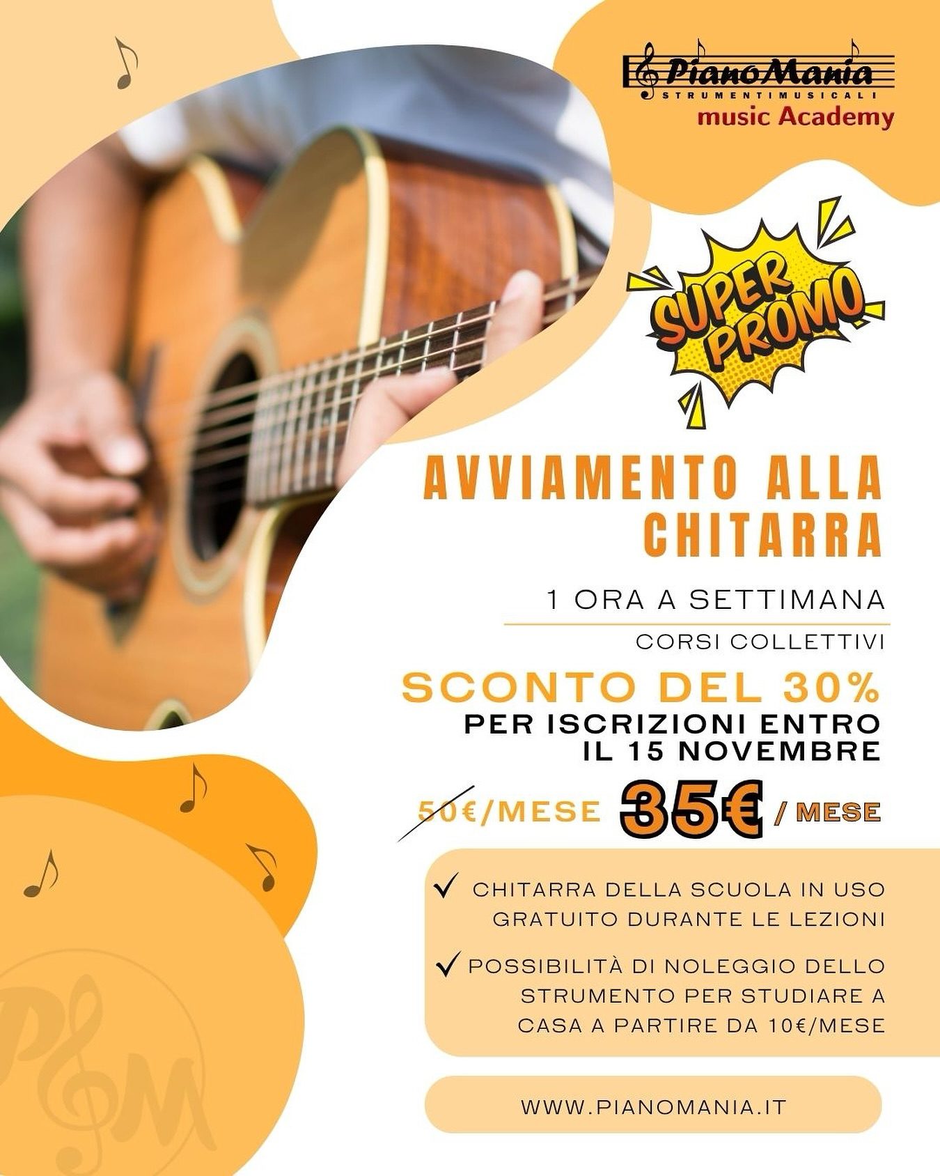 Super Promo 💥
Se ti iscrivi entro il 15 di novembre con soli 35€ al mese puoi inziare a suonare la chitarra!! 🤩💪🏼 e la chitarra te la prestiamo noi! 🎸 e se la vuoi portare a casa la puoi anche noleggiare!
Che aspetti?
Scrivici su whatsapp al 375.6293755 📲
Ti aspettiamo 🫵🏼
